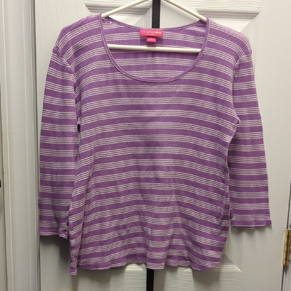 Liz Lange Maternity Purple and White Striped 3/4 Sleeve Top Small S